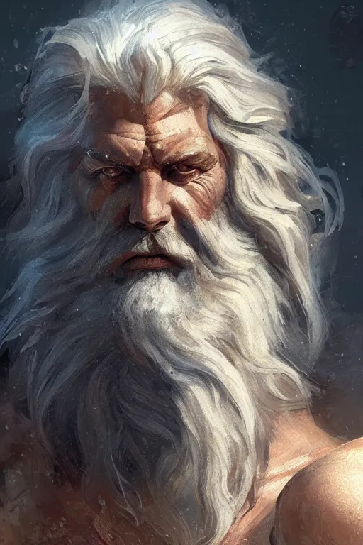 Image similar to painted portrait of rugged zeus, god of thunder, greek god, white hair, masculine, mature, handsome, upper body, muscular, hairy torso, fantasy, intricate, elegant, highly detailed, digital painting, artstation, concept art, smooth, sharp focus, illustration, art by gaston bussiere and craig mullins