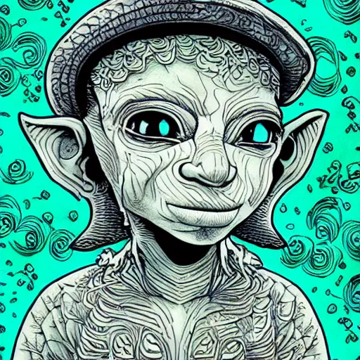 Image similar to beautiful wise goblin with giant soft dreamy eyes. Fine detailed colored ink drawing blotter art.