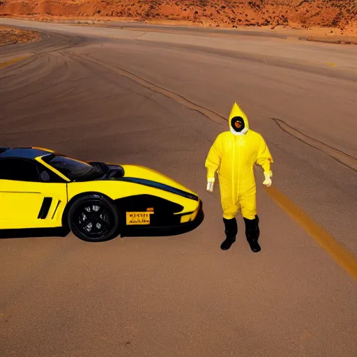 Image similar to a man wearing a yellow hazmat suit, next to a saleen s7 in the desert, directed by Alan resnick