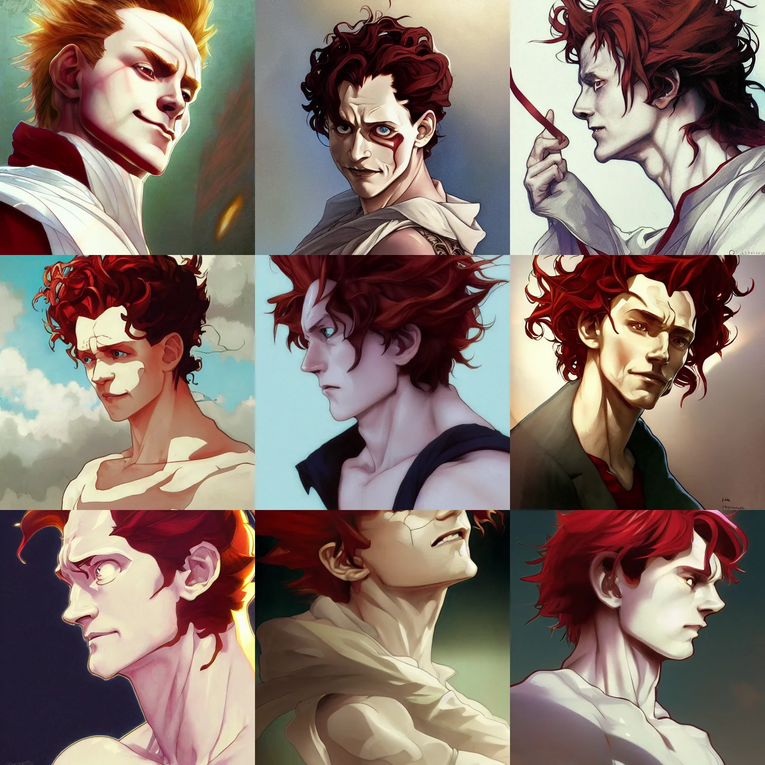 Image similar to hisoka, young tom hiddleston, cel - shaded animesque art by artgerm and greg rutkowski and alphonse mucha, smooth white skin, smirking face, reddish hair, d & d, fantasy, portrait, highly detailed, side profile, digital painting, trending on artstation, concept art, sharp focus, illustration