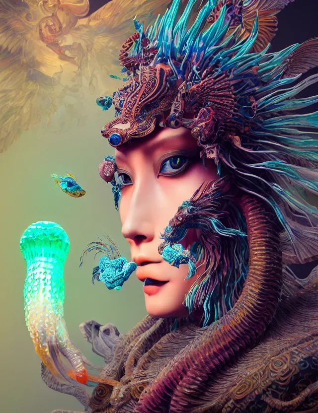 Image similar to 3 d goddess close - up 3 / 4 portrait with ram skull. beautiful intricately detailed japanese crow kitsune mask and clasical japanese kimono. betta fish, jellyfish phoenix, bio luminescent, plasma, ice, water, wind, creature, artwork by tooth wu and wlop and beeple and greg rutkowski