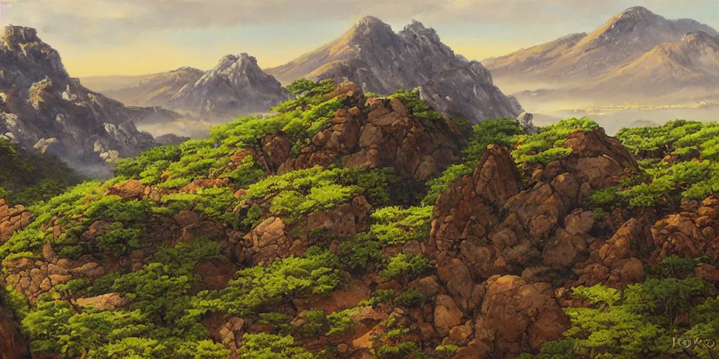 Image similar to grand landscape of rocky hills, art by kotaro chiba