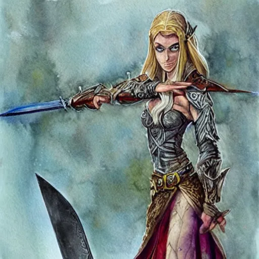 Image similar to a female elf holding a sword, a watercolor painting by tony diterlizzi, fantasy art, concept art