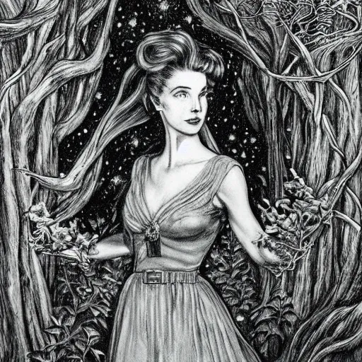 Prompt: beautiful elegant!!! portrait of 1 9 4 0 s woman tolkien elf!! in the forest at night rivendale, style of gustave dore intaglio, moon and stars