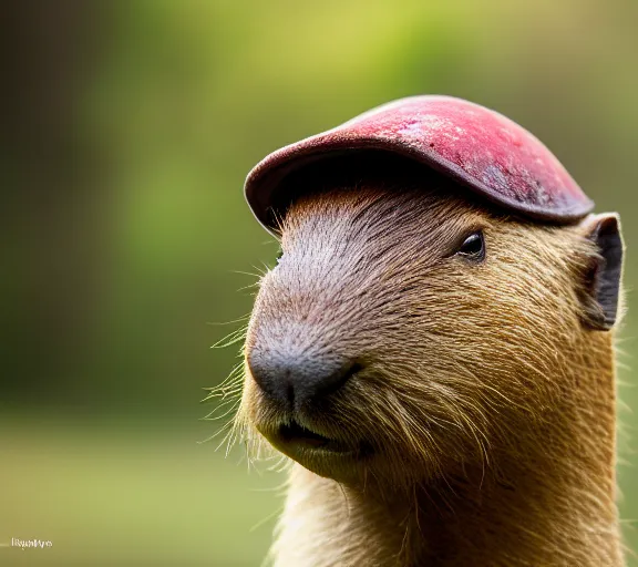 Image similar to a portrait of capybara with a mushroom cap growing on its head by luis royo. intricate. lifelike. soft light. sony a 7 r iv 5 5 mm. cinematic post - processing