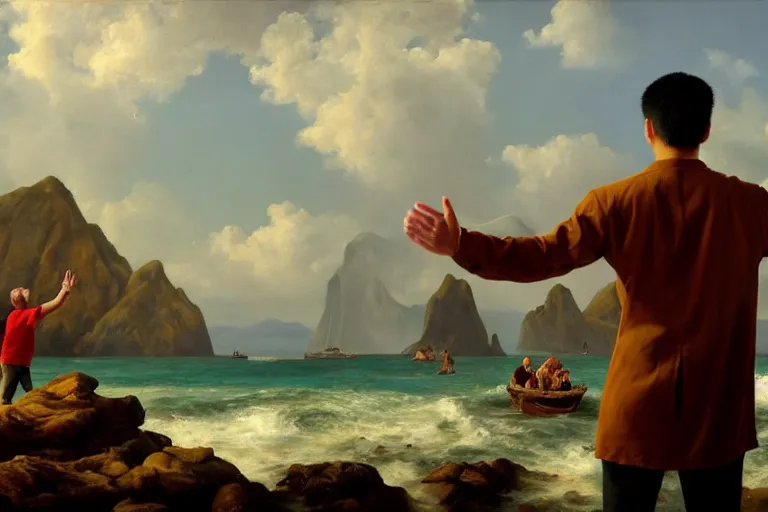 Image similar to ( ( a beautiful 8 k photorealistic masterpiece oil painting ) ( of ( man who is leaving the mainland to go to a new island, waving to the mainlanders ) ( the inhabitants of the new island look at the man, serious in the background, on their island ) ) ( hyperrealism ) ( 1 6 k ) ( trending on artstation )