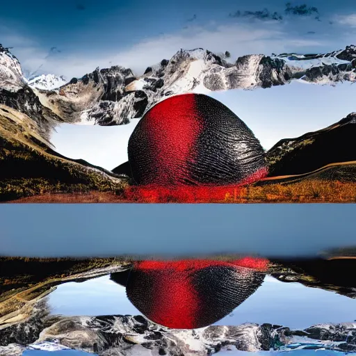 Image similar to photo of two black swans touching heads in a beautiful reflective mountain lake, a colorful hot air balloon is flying above reflecting off water, hot air balloon, intricate, 8k highly professionally detailed, centered, HDR, CGsociety