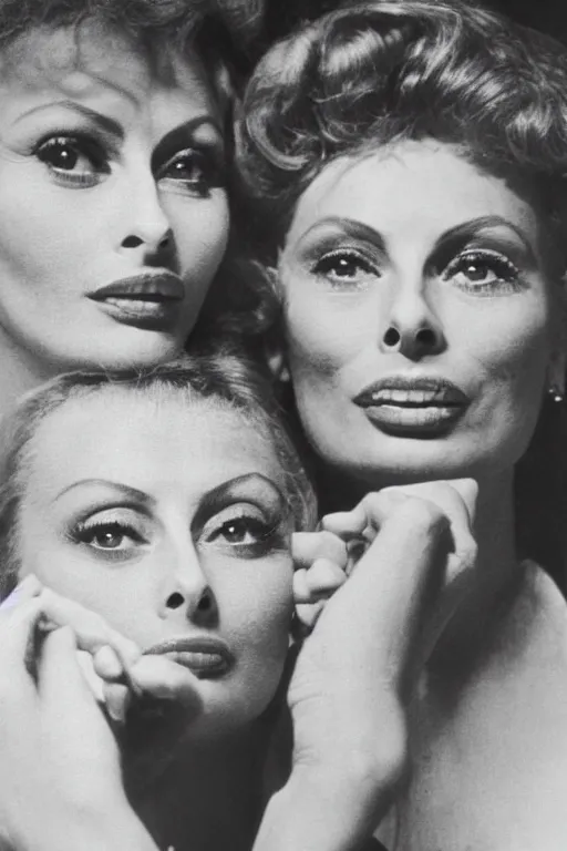 Image similar to professional studio photo of sophia loren and queen margherita ( savoy ) sharing a pizza! margherita, closeup, portrait photo, diffuse light, black and white photo, 5 0 mm, soft focus, acclaimed, masterpiece