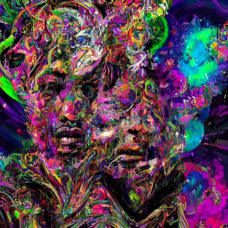 Prompt: hyper-maximalist overdetailed cinematic half portrait half collage pesudofigurative digital illustration by archan nair inspired by works of hakan hisim. Dramatic lights. Psychedelic visionary artwork. Zenith view. Seen from below.