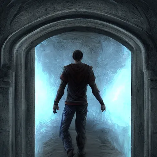 Image similar to a man through a mystical door leading to another dimension, fantasy, artstation detailed digital art