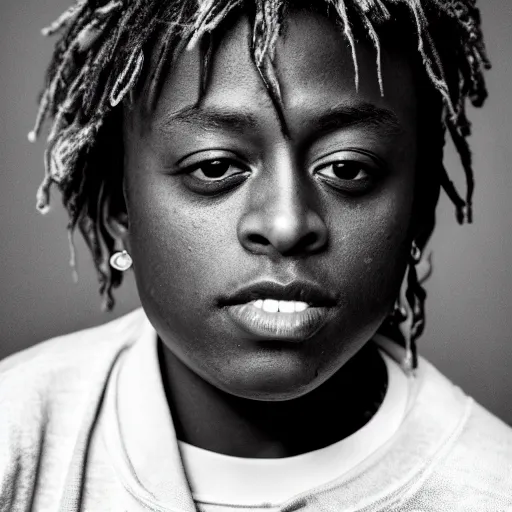 Image similar to the face of young juice wrld at 1 0 years old, black and white portrait by julia cameron, chiaroscuro lighting, shallow depth of field, 8 0 mm, f 1. 8