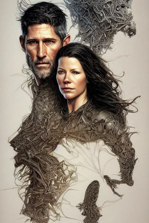 Image similar to Matthew Fox and Evangeline Lilly as a ruggedly handsome hero, intricate, elegant, highly detailed, centered, digital painting, artstation, concept art, smooth, sharp focus, illustration, art by artgerm and donato giancola and Joseph Christian Leyendecker, WLOP