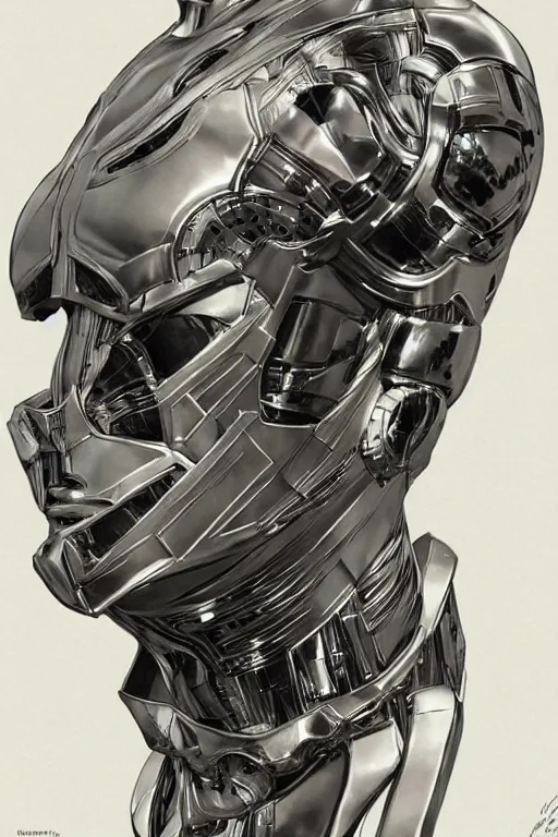 Image similar to futurist armor for half human half robot soldiers, art by leyendecker, head and shoulders portrait, cyberpunk, cybernetic implants, intricate, extreme details