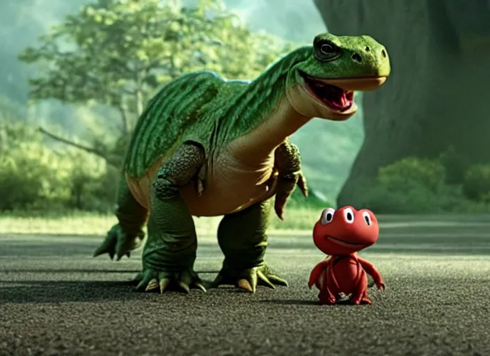 Prompt: film still of yoshi in the new sci - fi movie, cute upright standing upright upright dinosaur standing on its hind legs with a small turtle shell and long tongue, 8 k