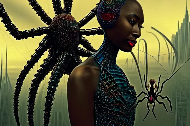 Image similar to realistic detailed closeup portrait movie shot of a beautiful black woman riding a giant spider, dystopian city landscape background by denis villeneuve, amano, yves tanguy, alphonse mucha, max ernst, ernst haeckel, edward robert hughes, roger dean, cyber necklace, rich moody colours, sci fi patterns, wide angle