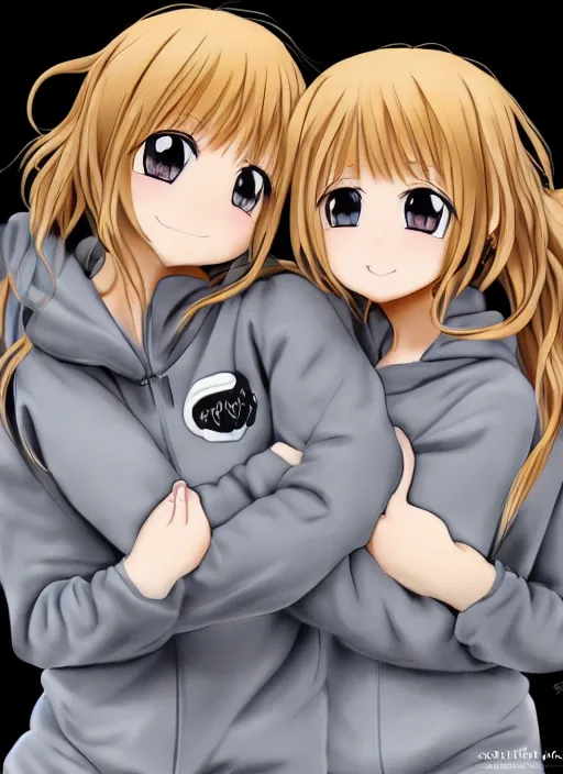 Prompt: highly detailed portrait of one blonde and one brown haired anime girl in onesies hugging each other looking at us, detailed eyes, happy, excited, digital art, cute, anime, detailed faces, well drawn faces, cute faces, hand drawn, 8 k, trending on artstation, official media