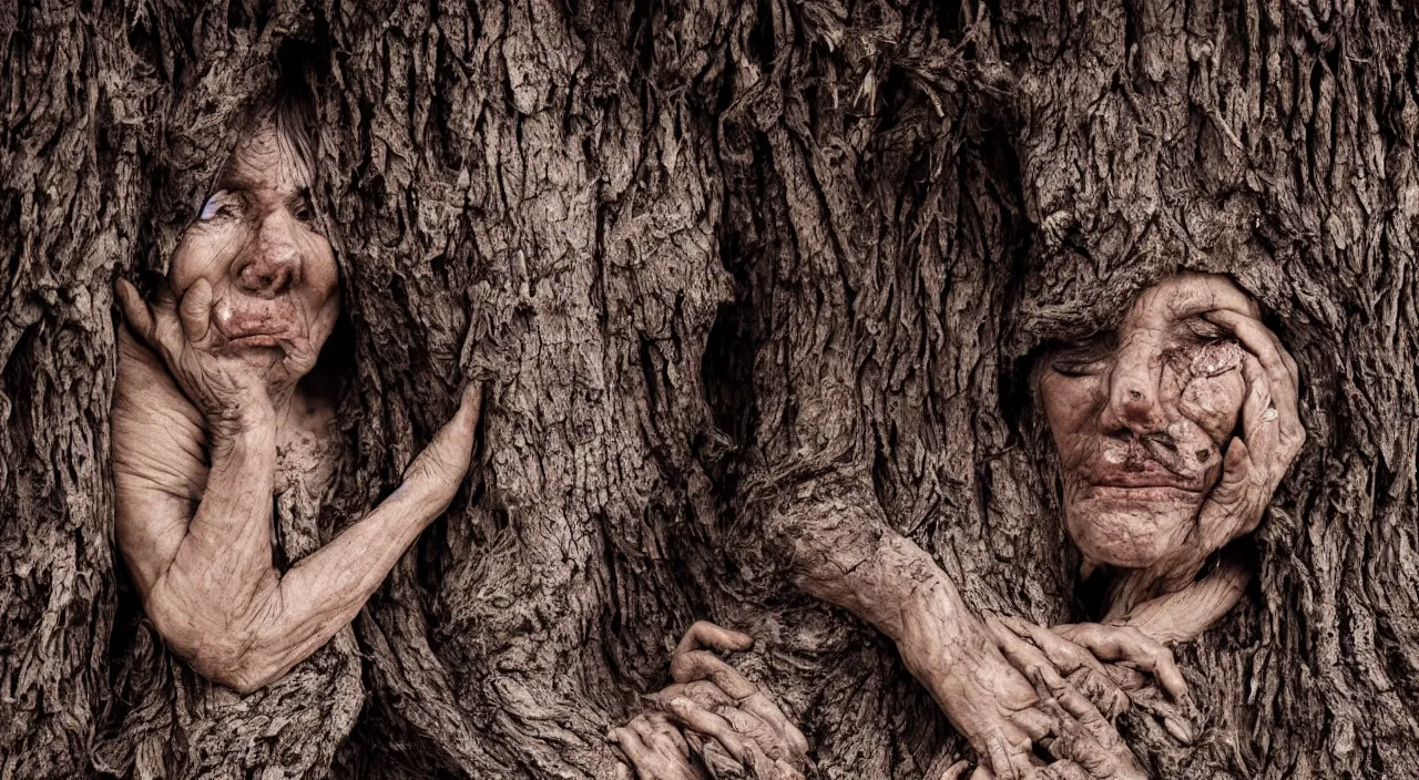 Image similar to 65-year-old tree-woman crying one single tear, facing the camera and sitting on a dried up river in a desolate land, blue sky, hot and sunny, highly-detailed, elegant, dramatic lighting, artstation, 4k, cinematic landscape, photograph