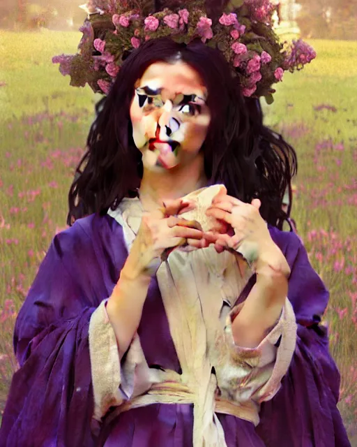 Prompt: portrait, cute young virgin maria, purple greek robe, long curly black hair, meadow, very detailed, ornate, fig leaves, character illustration, soft lighting, octane render, greg rutkowski, alphonse mucha, sung choi, 8 k, vibrant