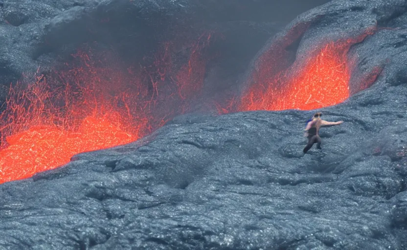 Prompt: surfing down a river of lava on the side of a volcano, action shot, dystopian, motion blur, sharp focus, imax, octane render