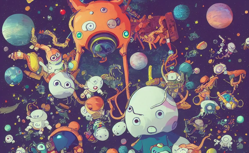 Image similar to cute mascot space demons, cartoon Digital painting, detailed, beautiful brush stroke rendering, by Beeple, by Hayao Miyazaki, by Takashi Murakami, by Masahiro Ito, 4k wallpaper