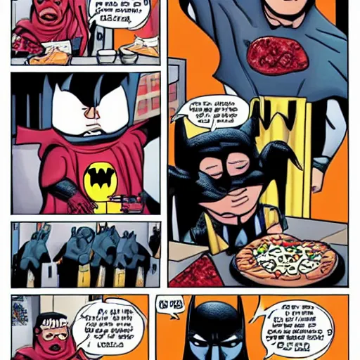 Image similar to Batman eating pizza, with Donald Trump