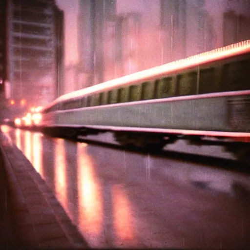 Image similar to 1990s perfect 8K HD professional cinematic photo of a train in dystopian city, at evening during rain, at instagram, Behance, Adobe Lightroom, with instagram filters, depth of field, taken with polaroid kodak portra