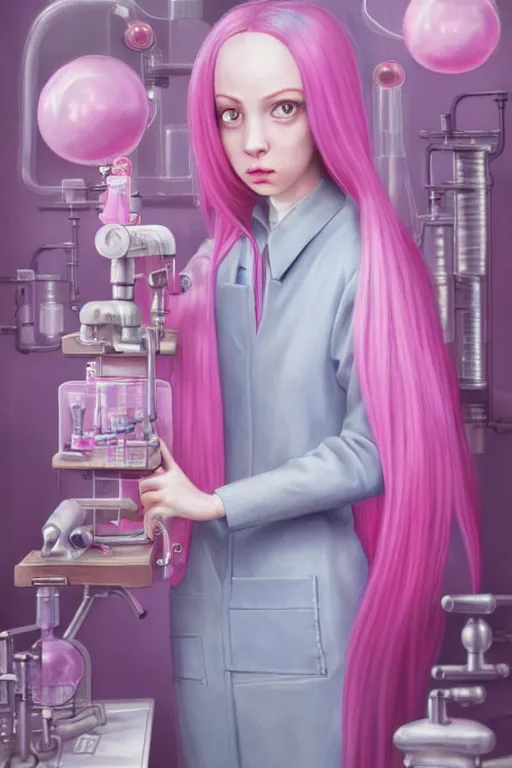 Prompt: highly detailed, industrial photography, profile photo of adult princess bubblegum from adventure time, working in her science lab, wearing lab coat, long bubblegum hair, long straight bangs, confident, beautiful, attractive, illustration concept art by nicoletta ceccoli, mark ryden, lostfish, detailed and intricate environment, 8 k resolution, hyperrealistic, octane render