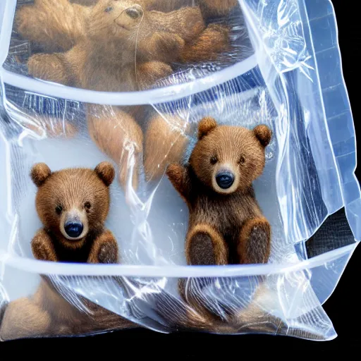 Image similar to macro shot photograph of tiny realistic looking bears inside of a plastic food bag, 4 k, highly detailed