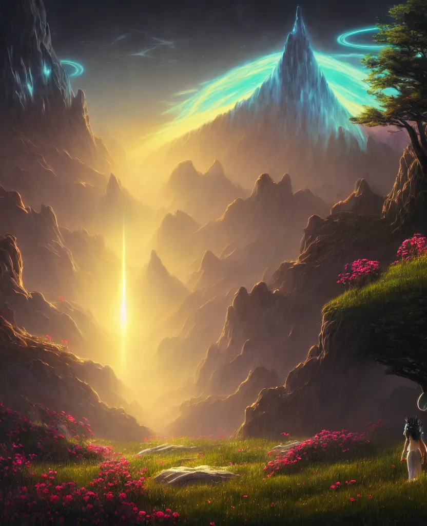 Image similar to spiritual evolution by albert bierstadt, anime cgsociety flowers nature bio shock at dawn at dusk meadow tron matte painting studio ghibli alien futuristic cosmic poppy wilderness fantasy liberty city bladerunner 2 0 4 9 fisheye azeroth, archdaily, wallpaper, highly detailed, trending on artstation.