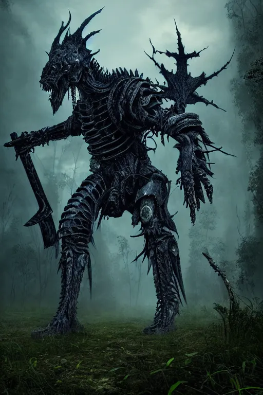 Image similar to post - gothic giant creepy chimera, exoskeleton armor, attacking with axe, dystopian ruins covered in vegetation, highly detailed smooth digital art masterpiece, vitaly bulgarov giger dramatic dark blue light, ground angle hd 8 k, sharp focus