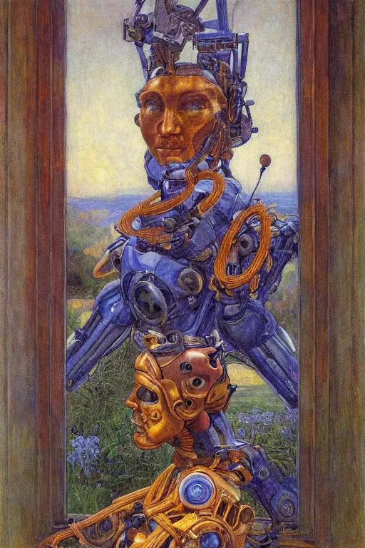 Prompt: the robot king in his bee crown and regalia stands by the window at dusk,by Annie Swynnerton and Diego Rivera and Elihu Vedder, symbolist, dramatic lighting, elaborate geometric ornament, Art Brut, soft blues and greens,smooth, sharp focus, extremely detailed, Adolf Wölfli and (Evelyn De Morgan)