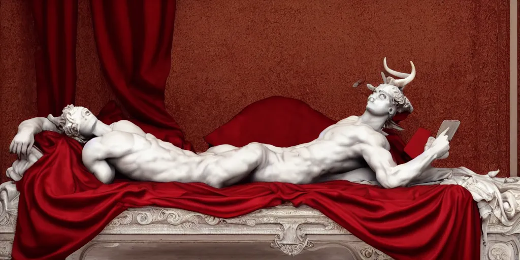 Image similar to baroque delicate full-body marble sculpture of reclining handsome horned teenage demon-boy laying back on a bed while checking notifications on a phone, red silk flowing fabric, marble white columns, Trending on artstation, octane render, cinematic, hyper realism, octane render, 8k, depth of field
