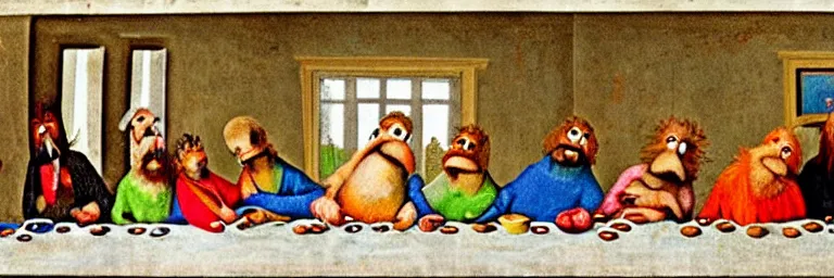 Image similar to the last supper on sesame street. art by hieronymus bosch