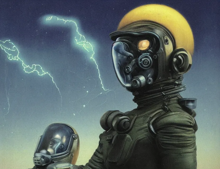 Image similar to a detailed portrait painting of a lone space pilot wearing a gasmask and laser eyes. Head and chest only. Movie scene, cinematic sci-fi scene. Flight suit, cloth and metal, accurate anatomy. portrait symmetrical and science fiction theme with lightning, aurora lighting. clouds and stars. Futurism by beksinski carl spitzweg moebius and tuomas korpi. baroque elements. baroque element. intricate artwork by caravaggio. Oil painting. Trending on artstation. 8k