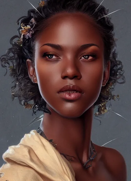 Image similar to portrait of a stunningly beautiful young black woman, highly detailed, 3 5 mm photo, artstation, concept art, sharp focus, 2 8 mm macro photo, art by artgerm and greg rutkowski and alphonse mucha, incredibly beautiful and symmetrical face, incredibly detailed, award winning art, royal