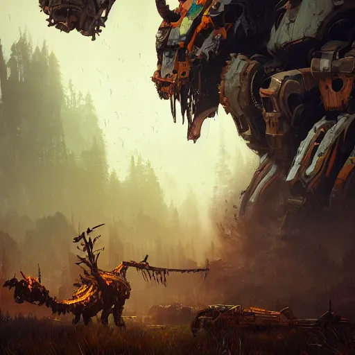 Image similar to machine beast, by Ismail Inceoglu, horizon zero dawn, mechanical, detailed, complex, brushstrokes, monster, creature, illustration, concept art, 4K