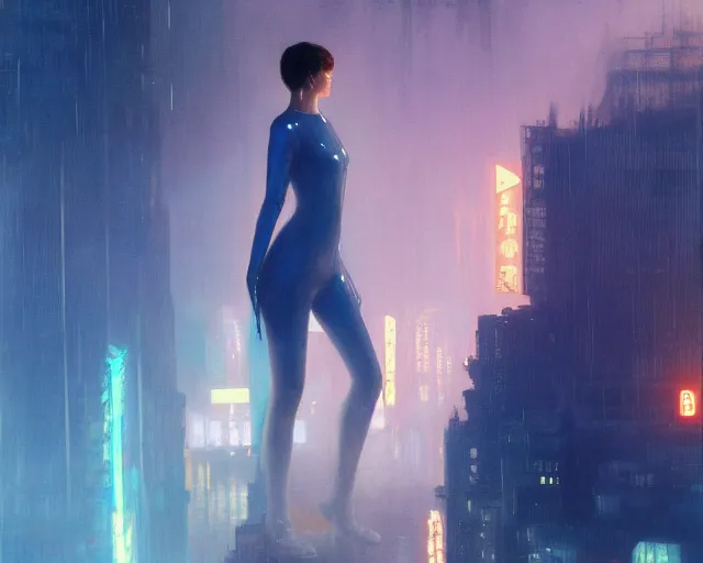 Image similar to 2 0 1 8 blade runner movie still girl look at the cityscape from roof perfect face fine realistic face pretty face reflective polymer suit tight neon puffy jacket blue futuristic sci - fi elegant by denis villeneuve tom anders zorn hans dragan bibin thoma greg rutkowski ismail inceoglu illustrated sand storm alphonse mucha