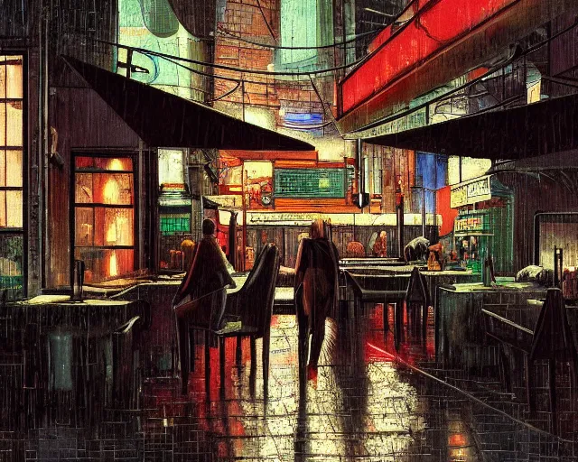 Prompt: last open food place in a cyberpunk city on a rainy melancholy night by de chirico