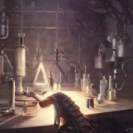 Prompt: dark-elf dressed as alchemist working in laboratory, oil painting, by Greg Rutkowski