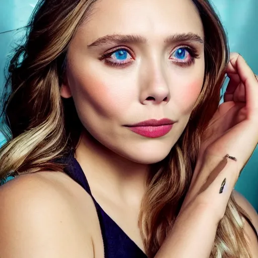 Image similar to elizabeth olsen, hands on her face posing for the camera, studio lighting, closeup!!!!!!, macro!!!!!!, 3 5 mm!!!!!! lens, comprehensive art, neon atmosphere!!!!!!, intricately detailed, indistinguishably unique, 4 k, 8 k, detailed facial features