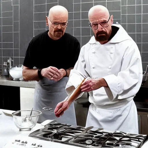 Image similar to walter white and jesus cooking together in a restaurant