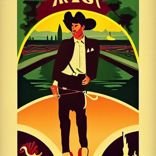 Prompt: a vintage travel poster for Ram Ranch, art deco, cowboys, showers, art nouveau, artstation