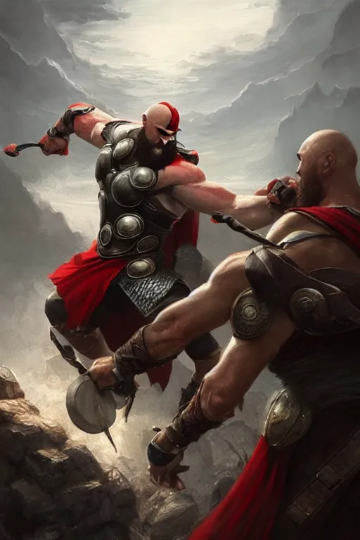 Image similar to kratos fighting thor, highly detailed, digital painting, artstation, concept art, smooth, sharp focus, illustration, unreal engine, 8 k, art by artgerm and greg rutkowski and edgar maxence