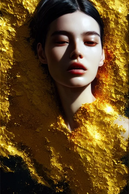 Prompt: 3 d, close - up, liquid gold and black water, sleepy fashion model, morning, sun rays, vogue cover style, poster art, hyper detail, intricate oil painting, multiple exposure, morning mood, 3 d, by tooth wu and wlop and beeple and greg rutkowski