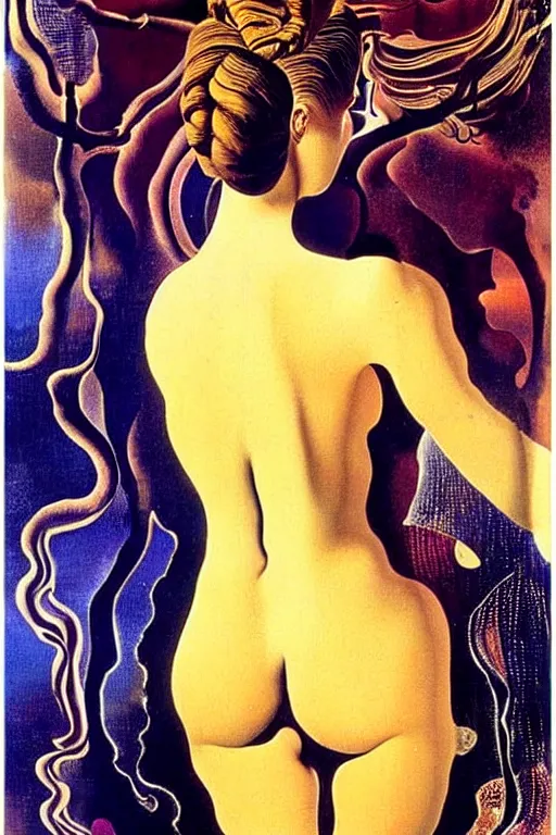 Image similar to beautiful woman by salvador dali, intricated details, 3 / 4 back view, hair styled in a bun, bendover posture, full body portrait, bright design, drips, autumn lights