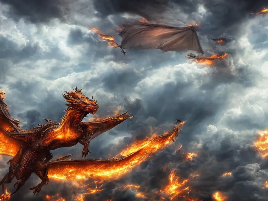 Image similar to epic detailed cinematic shot of dragon flying over a city through stormy clouds, breathing fire