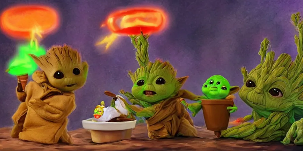 Prompt: Groot and baby Yoda eating an ice cream while watching Pikachu dance, very detailed picture, very detailed and beautiful lighting