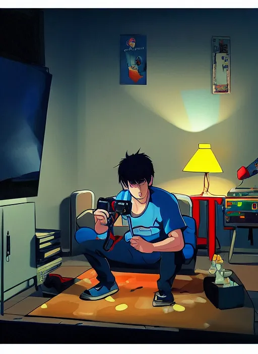 Image similar to video gamecore, gamecore, gamercore pop art of a man playin playstation 5 on his bedroom at night, cinematic perspective, studio ghibli, pop art, trending in artstation, behance, deviantart