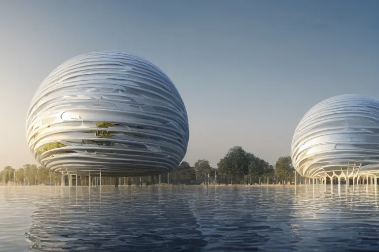 Prompt: a building formed by the intersection and fusion of many white spherical and egg - shaped spaces. on the calm lake, people's perspective modern curved architecture, future, wood, marble, metal award winning, highly detailed 4 k art, dusk, unreal engine highly rendered, global illumination, radial light, internal environment by kazuyo sejima