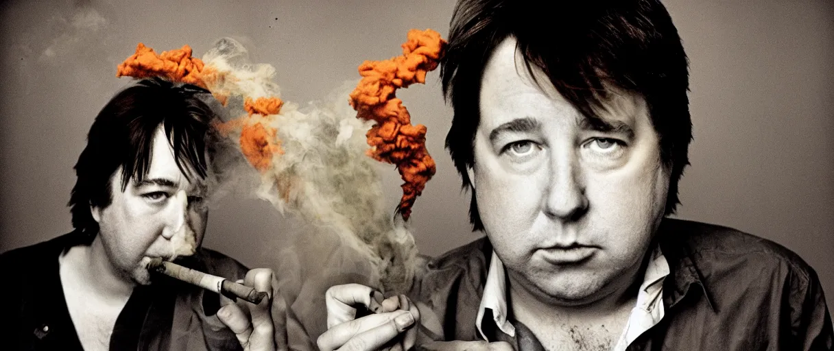 Image similar to award winning photo of bill hicks walking and smoking weed, vivid colors, happy, symmetrical face, beautiful eyes, studio lighting, wide shot art by Sally Mann & Arnold Newman